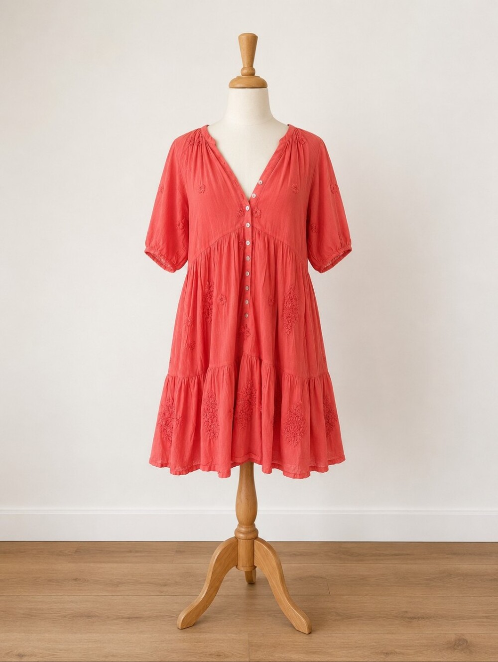 Kyla Seo Dress Coral, Embroidery, Boho, Beach, Pockets, Hippie, XS, Cotton